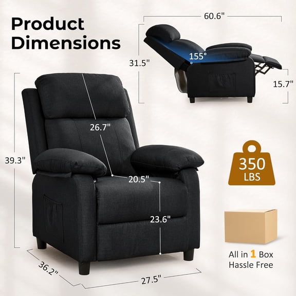 Recliner Chair, 360 Swivel Rocker Chair for Adults, Small Rocking Recliner for Small Spaces, Upholstered Fabric Glider Recliner Nursery (Standard, Black)