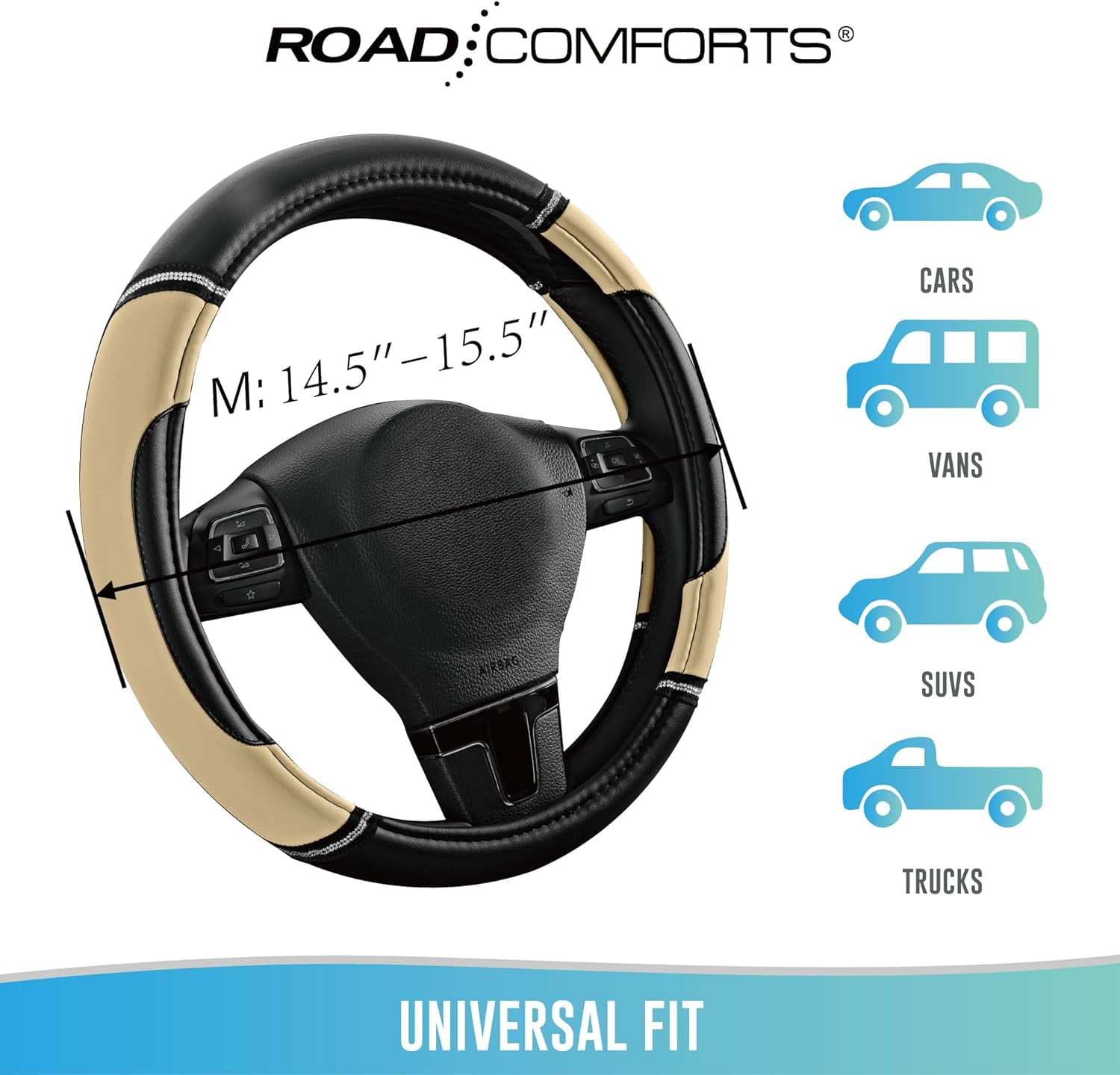 Leather Steering Wheel Cover - Made with PVC Leather - Anti-Slip, Universal Fit 14 1/2 inches to 15 inches - Beige