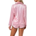 thumbnail image 3 of INSPIRE CHIC Women's Satin Pajamas Set Long Sleeve Button Down Top and Shorts 2 Piece Silky Pjs Set L Pink, 3 of 6