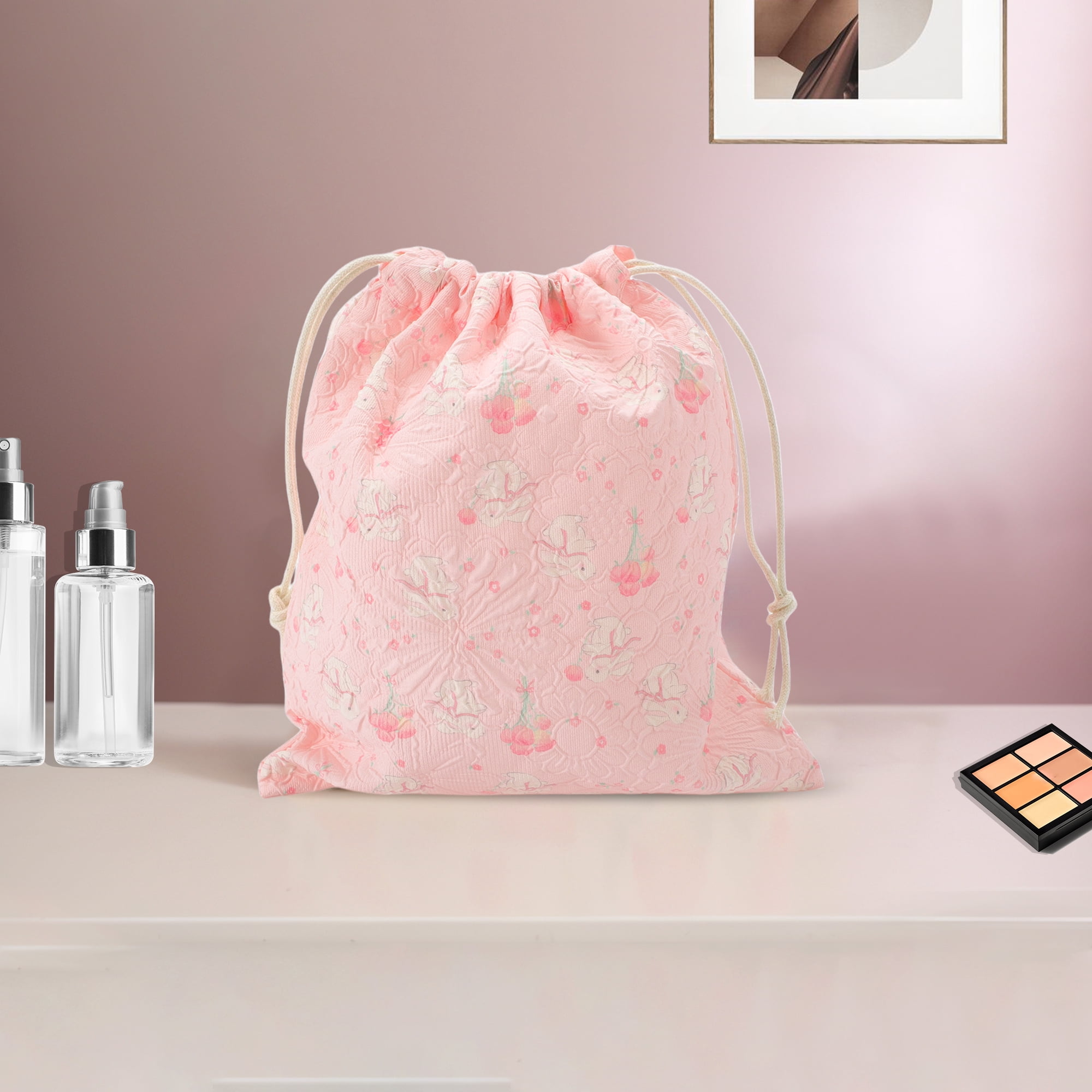 Unique Bargains 1 Pc Bouquet Rabbit Drawstring Makeup Bag for Travel Pink 7.48 in