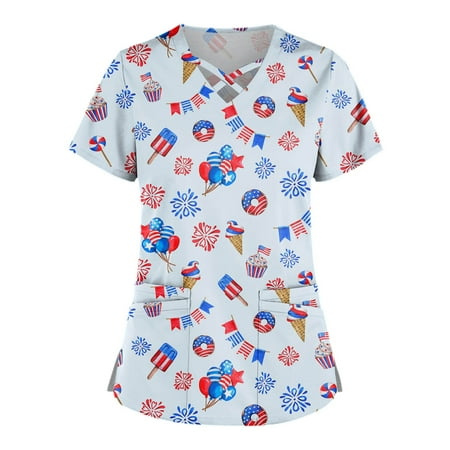 

Alrise Indepence Day Shirt Plus Size Cute Printed Scrub Working Uniform Tops For Women Cross V-Neck Short Sleeve Fun T-Shirts Workwear Tee With Pockets Light Blue 4X-Large