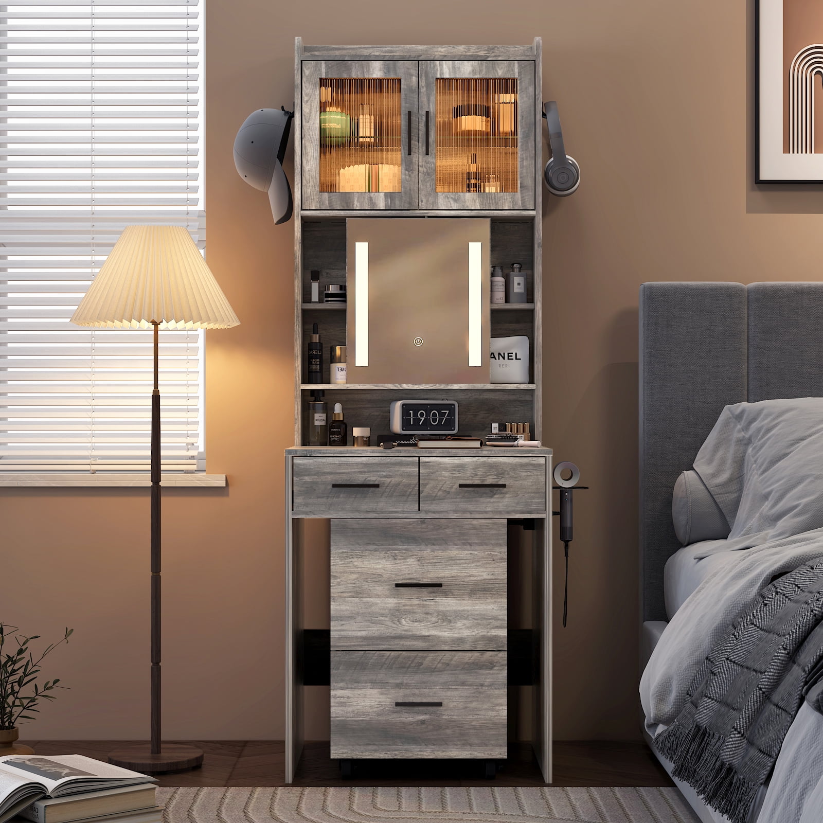 Ktaxon Makeup Vanity Table for Small Spaces, Vanity Table Set with Charging Station and Sliding Mirror, Bedroom Makeup Table, Gray