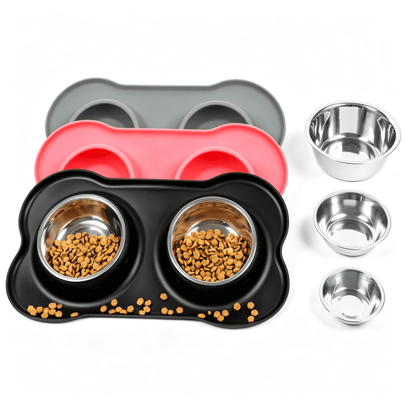 ACDANC Dog Bowls with Silicone Feeding Mat, No Spill Food Water Dish Set, Dishwasher Safe, 2 Stainless Steel Puppy Bowls, Suitable for Tiny Dogs Cats Rabbits Pets under 8Lbs, Extra Small,Black