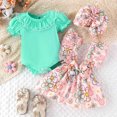 thumbnail image 4 of Lenago Girl Baby Solid Round Neck Bubble Sleeve Jumpsuit+Rabbit Print Strap Skirt+Rompert, 4 of 9