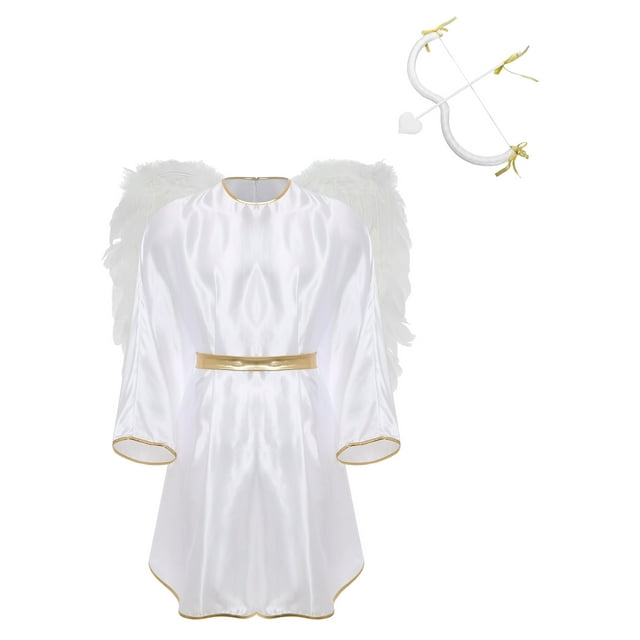 YiZYiF Men's Cupid Outfits Satiny Batwing Sleeve Robe with Wings M-shaped Bow Heart Arrow Raves Party White M