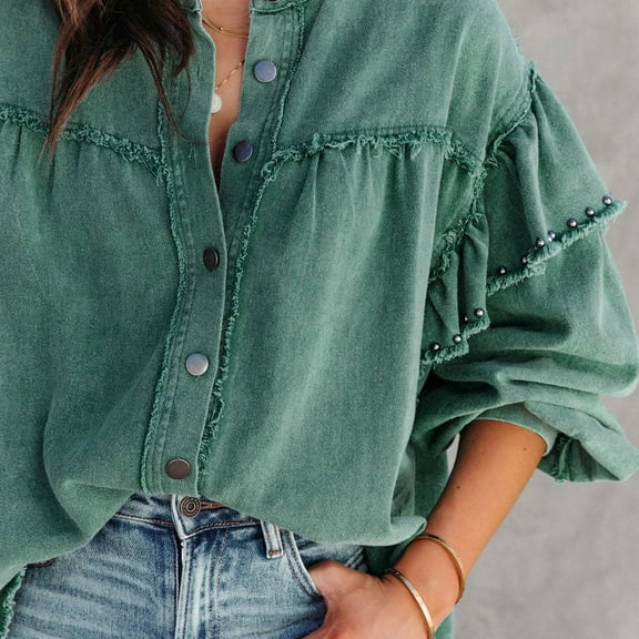 Aayomet Jean Jackets for Women Style Stud Sleeve Denim Jacket With Washed Edges And Ruffle Sleeves Loose Fit (Mint Green, S)