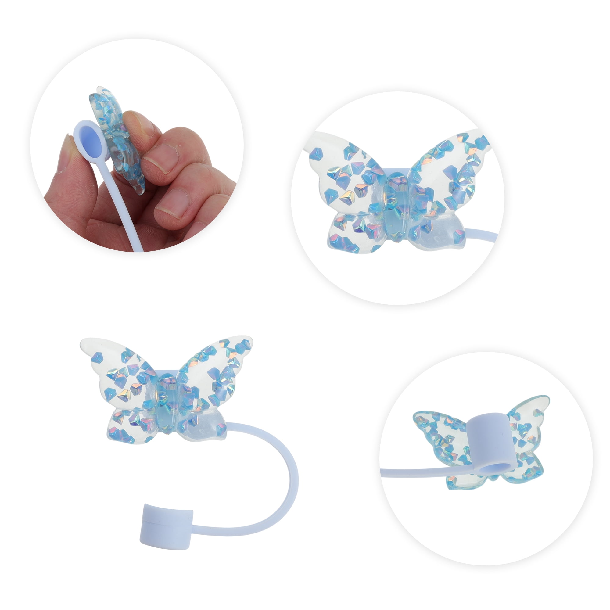 Unique Bargains Sparkling Butterfly Straw Cover Cap Set of 4 Blue