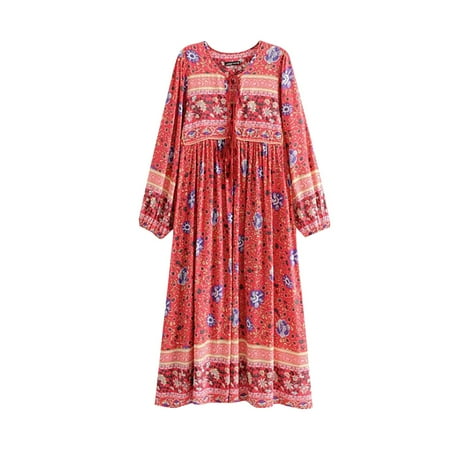 Blphud Womens Shoes Dressy Casual Semi Formal Dresses Women s Long Sleeve Retro Round Neck Tassel Bohemian Midi Dresses Womens Casual Midi Dress Summer Dresses for Women 2024 Watermelon Red S