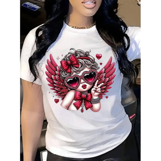 Valentine'S Day Graphic T-Shirt 1pc Valentine'S Day Graphic T-Shirt for Women, Casual Round Neck Short Sleeve Top, Knit Fabric, Regular Length - Perfect for Spring/Summer/Autumn