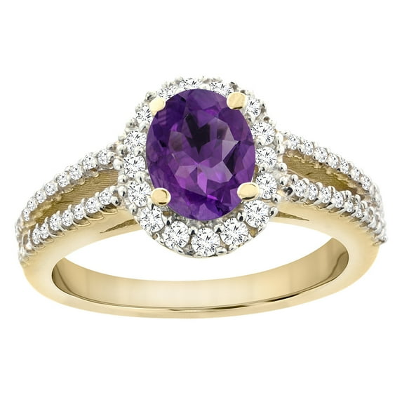 14K Yellow Gold Natural Amethyst Split Shank Halo Engagement Ring Oval 7x5 mm, size 5.5