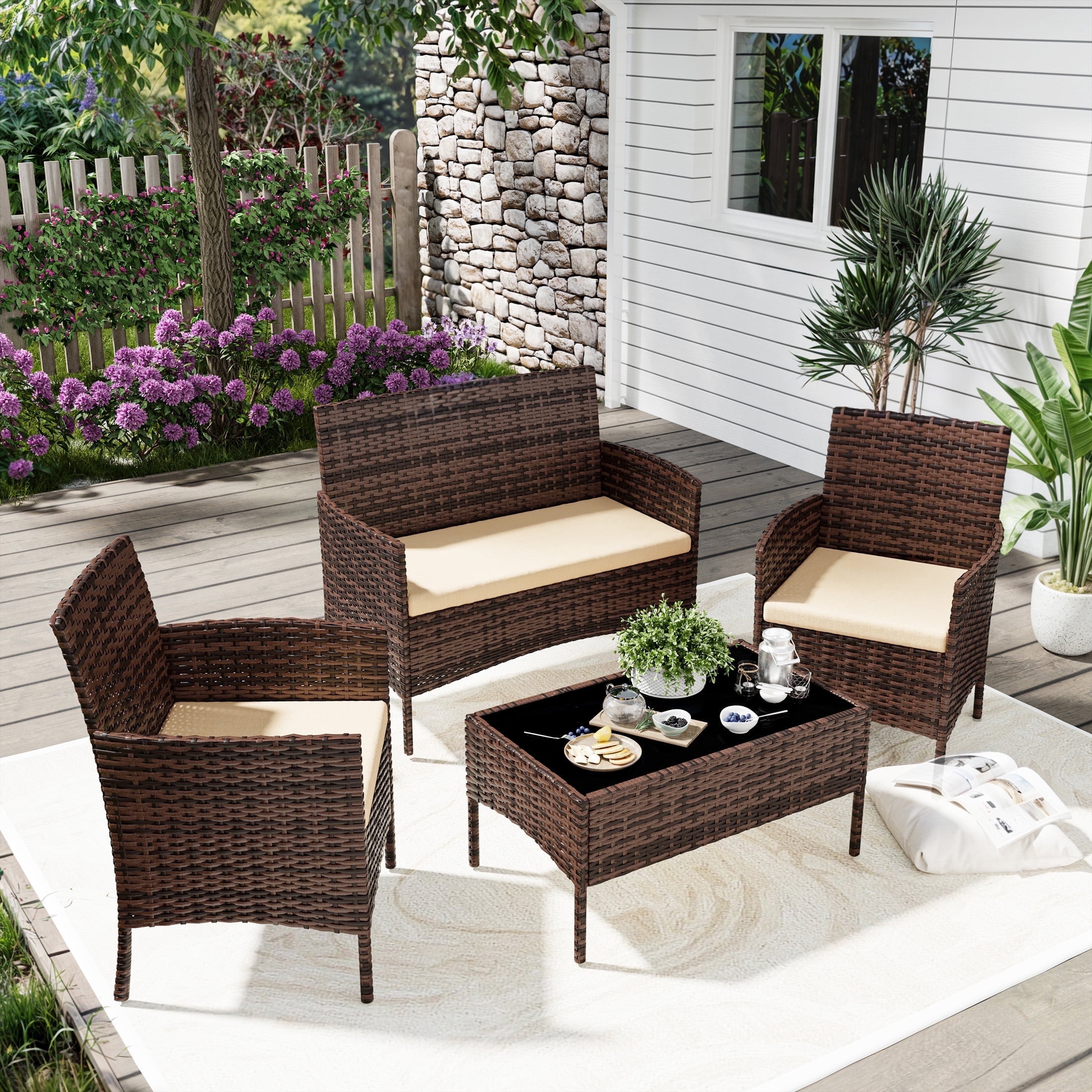 UDPATIO 4 Pieces Outdoor Patio Furniture,Sectional Conversation Sets,Brown PE Rattan Patio Chairs with Table and Loveseat for Balcony, Porch, Backyard,（Khaki Cushion）