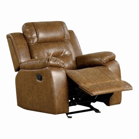 Kius Manual Recliner Chair-Brown Faux Leather-Pillow Top Arms