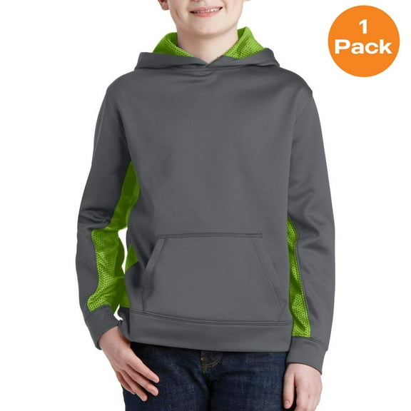 Sport-Tek YST239 Youth Sport-Wick CamoHex Fleece Colorblock Hooded Pullover, Dark Smoke Grey/ Lime Shock, L, Boys Hiking Clothing
