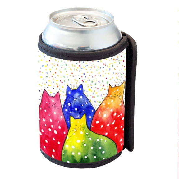 KuzmarK Insulated Drink Can Cooler Hugger - Fiesta Polka-Dot Kitties Abstract Cat Art by Denise Every