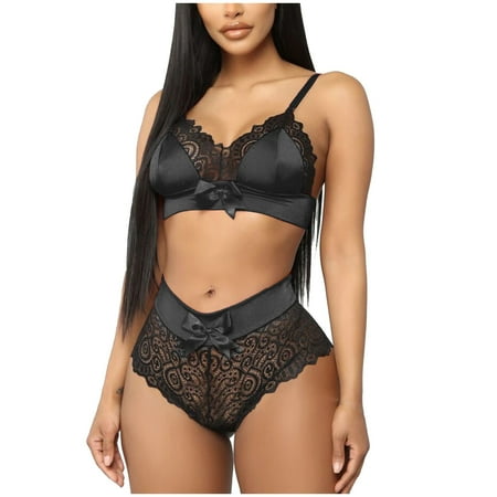 

Pajama Lingerie Set for Women Babydoll High Waisted Bikini Underwear Ladies Lace Two-Piece Sleepwear Bra + Thongs