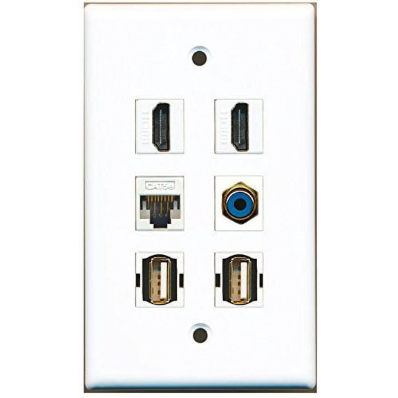 RiteAV - 2 HDMI 1 Port RCA Blue 2 Port USB A-A 1 Port Cat5e Ethernet White Wall Plate