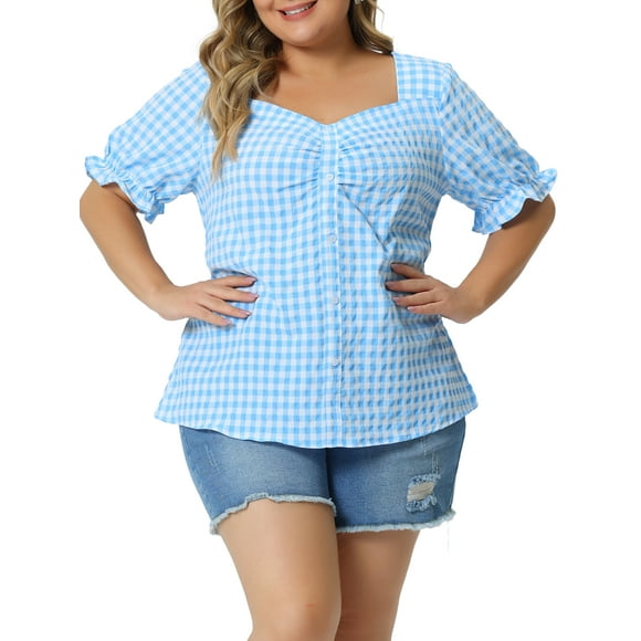 Agnes Orinda Women's Plus Size Gingham Tops Plaid Sweetheart V Neck Puff Short Sleeve Button Decor Summer 1950s Blouses 4X Blue