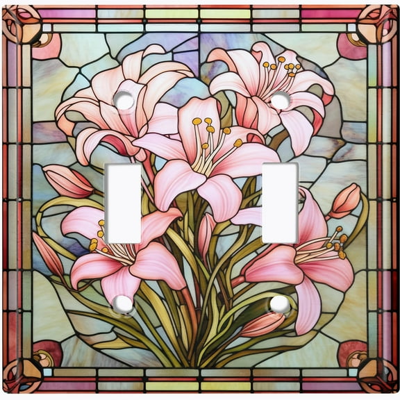 Metal Light Switch Wall Plate Outlet Cover (Printed Image of Stained Glass Flowers - Double Toggle)