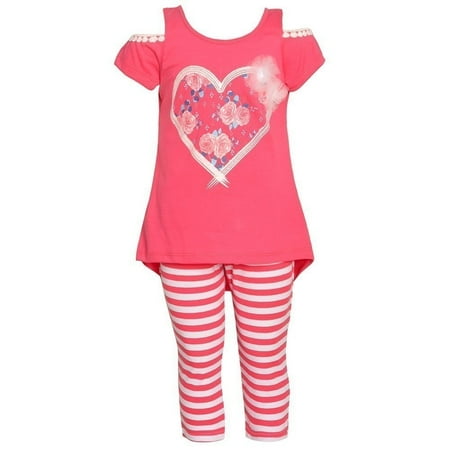 Girls Potato - Littoe Potatoes Little Girls Coral Floral Heart Stripe 2 Pc Legging Set