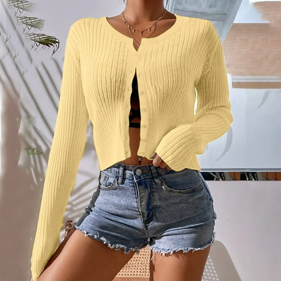 Idoravan Cardigans for Women Clearance Spring Women's Fashion Casual Long Sleeve Solid Color Sweater Tops Blouse Cardigan