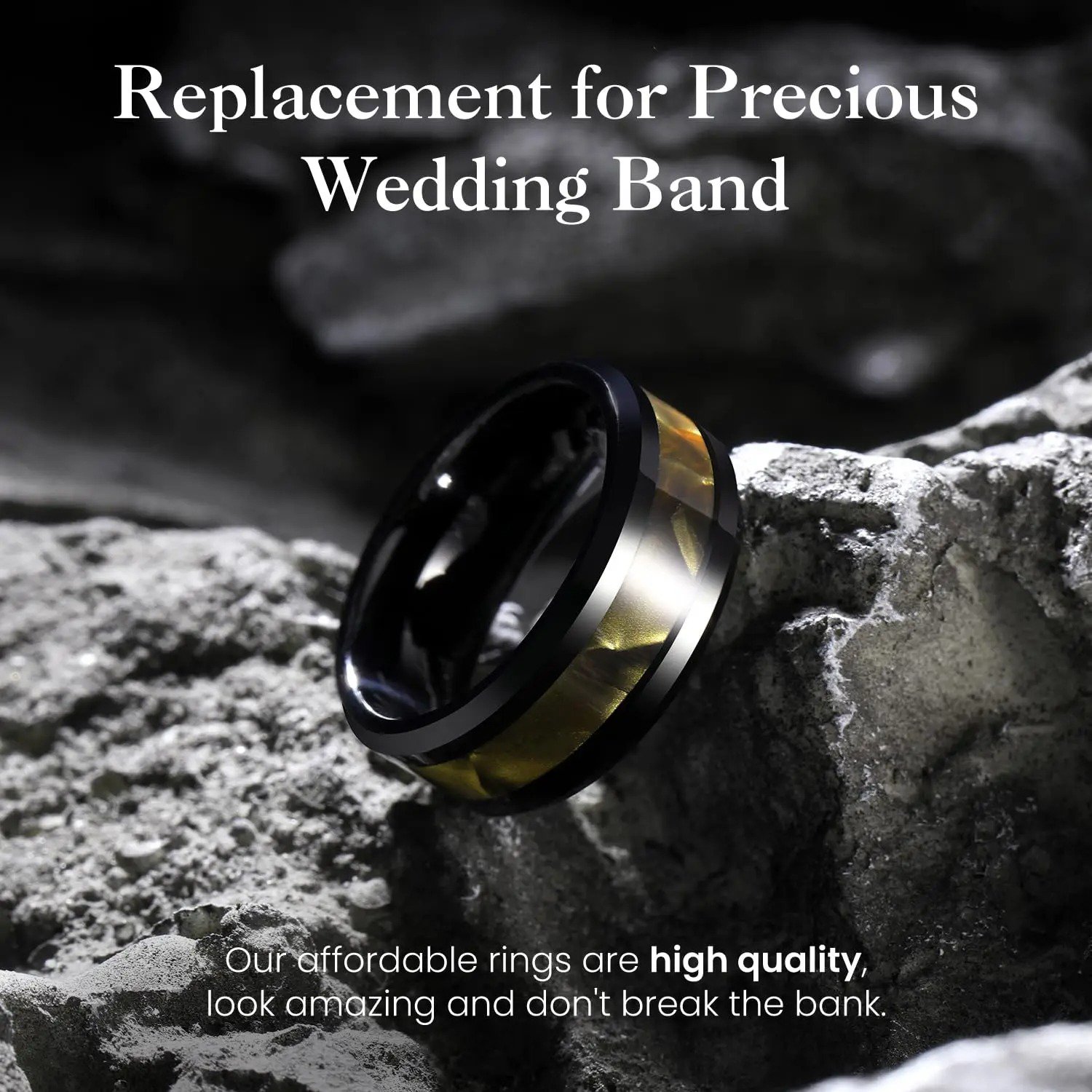 Fashion 8mm Men Black Stainless Steel Rings High Polished Yellow