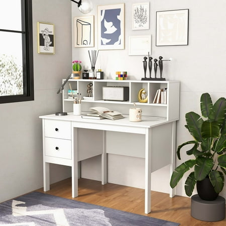 Costway Computer Desk 48" Writing Table w/ Power Outlets 5-Cubby Hutch 2 Storage Drawers - White