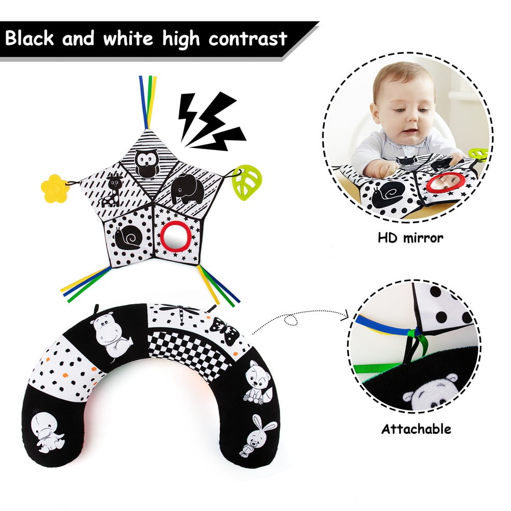 teytoy Newborn Baby Toys 0 3 6 Months,Tummy Time Pillow Toy, Black and White High Contrast Baby Toy with Mirror & Beating Play Activity mat,, Montessori Sensory Crawling Toy for Infant