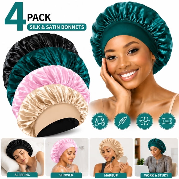 4 Pack Silk & Satin Bonnets for Women/Men , Extra Wide Band Hair Wrap Cap for Curly & Natural Hair , Sleeping & Shower Protection (Black/Peacock Blue/Pink/Khaki)