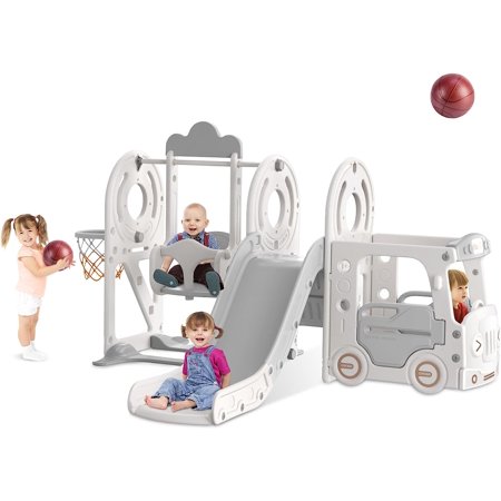 SeeuteK 5 in 1 Toddler Slide and Swing Set  Kid Slide for Toddlers Age 1-3  Bus Themed Baby Slide with Basketball Hoop  Indoor Outdoor Slide Toddler Playset Toddler Playground