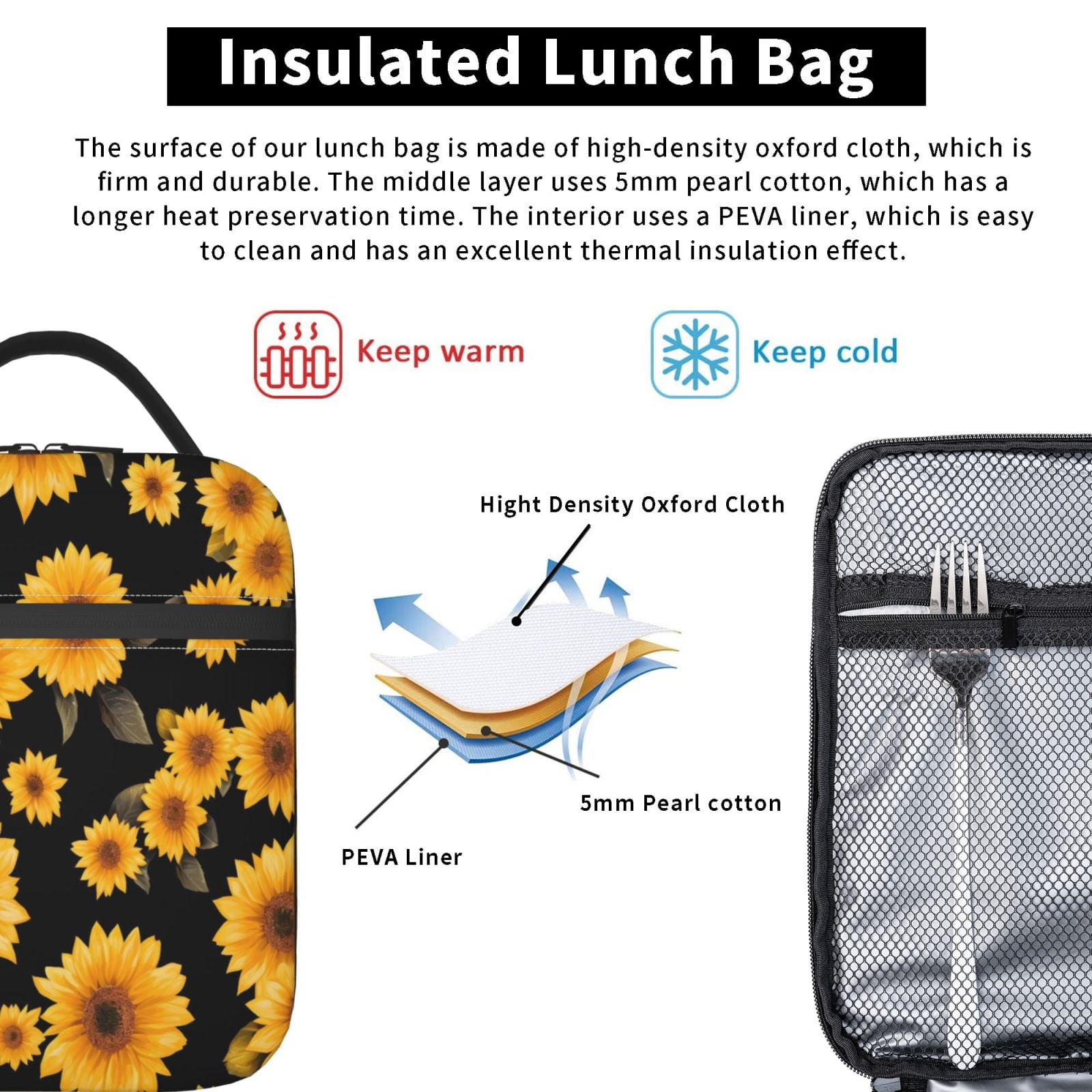 Lunch Bag For Women Men Insulated Portable Lunch Box Bento Box Office Picnic Travel Cooler Bag Yellow Sunflowers Black Background
