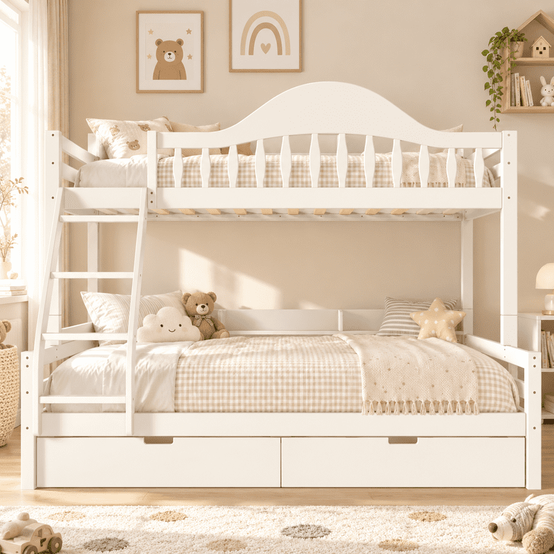 Twin Over Full Bunk Bed with 2 Storage Drawers, Solid Wood Kids Bunk Bed with Curved Guardrails, Side Storage Shelves and Ladder, No Box Spring Needed