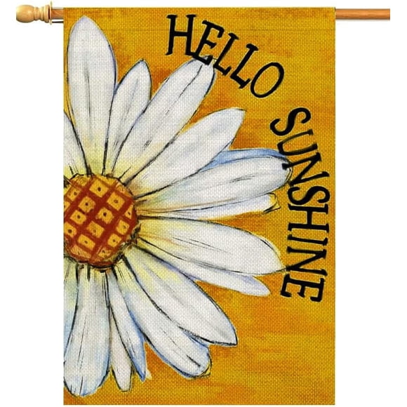 Spring Summer Floral House Flag for Outside 28x40 Inch Hello Sunshine Daisy Double Sided Large Burlap Seasonal Flags for Outdoor Farmhouse Yard Decorations
