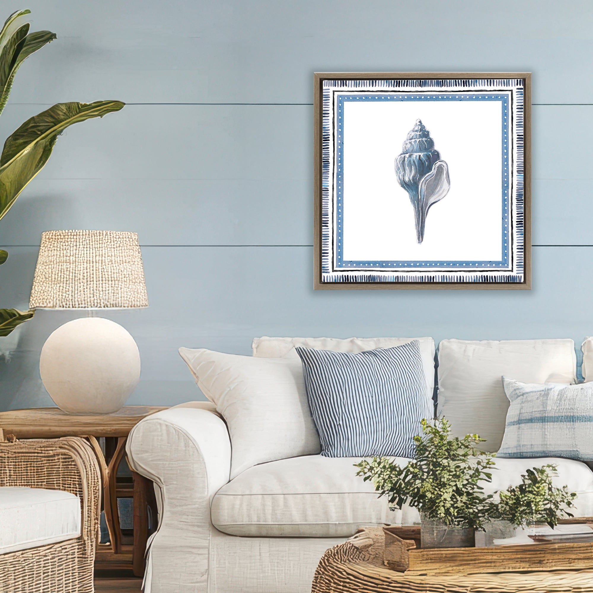 Stupell Industries Soft Blue Conch Shell Brown Framed Floater Canvas Wall Art, design by Lanie Loreth