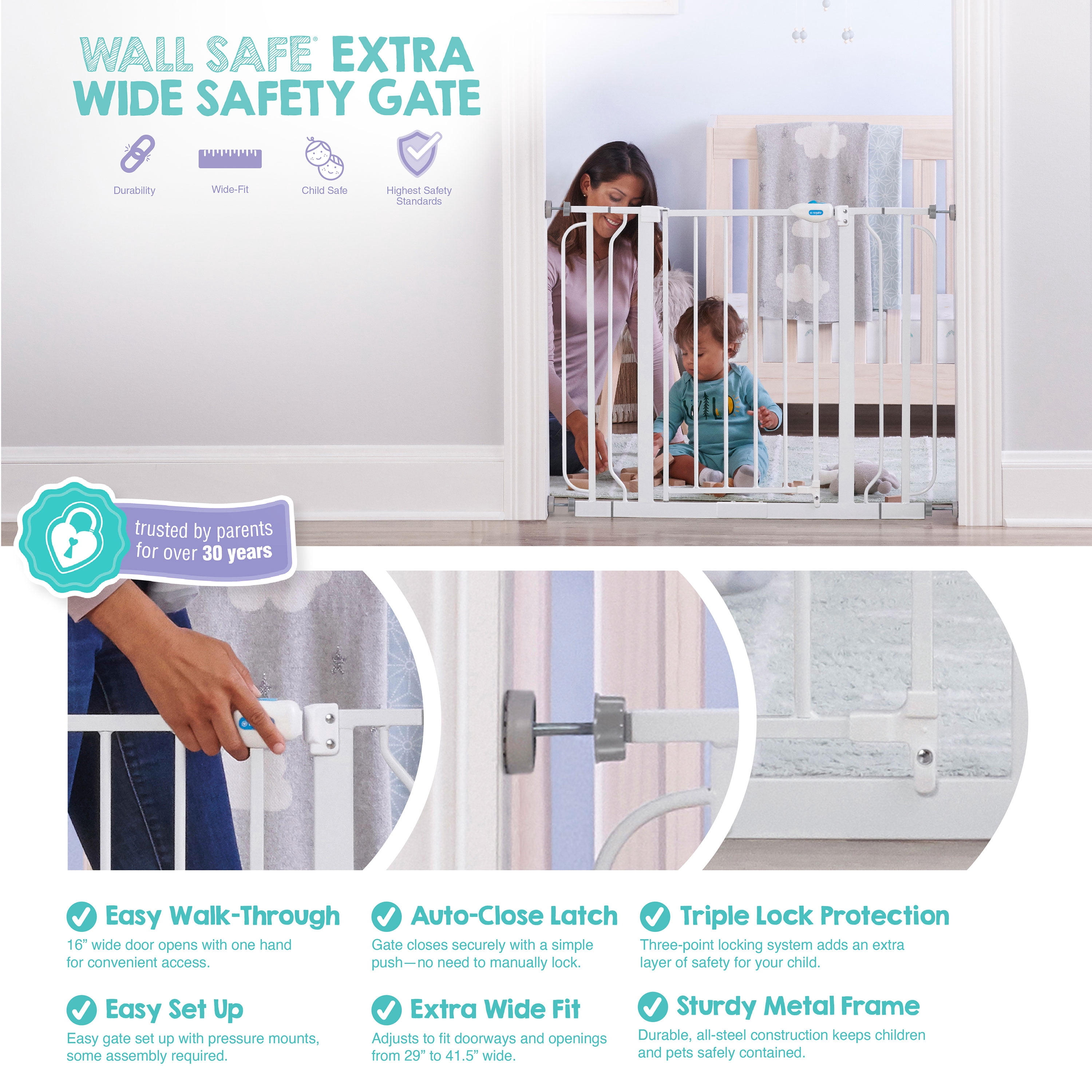 Regalo Wall Safe Extra Wide Walk Through Baby Safety Gate, White , Age Group 6 to 24 Months