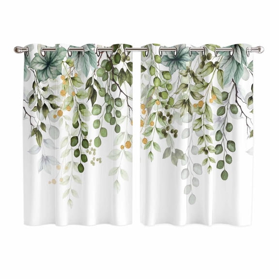 Green Eucalyptus Leaves Kitchen Curtains 72 Inch Length, Summer Botanical Weeping Grommet Top Bedroom Living Room Curtains, Light Filtering Cafe Curtain Drapes 2 Panels Set 104''x72''