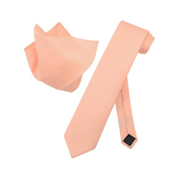 Vesuvio Napoli Solid EXTRA LONG PEACH NeckTie Handkerchief Mens Neck Tie Set