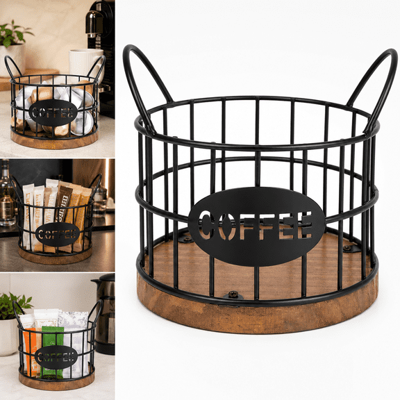 Emlimny Coffee Pods Holder for Countertop, Holder Organizer, Sturdy Kcup Storage Basket with Wooden Base, Pods Container for Kitchen Bar Counter Office Desktop