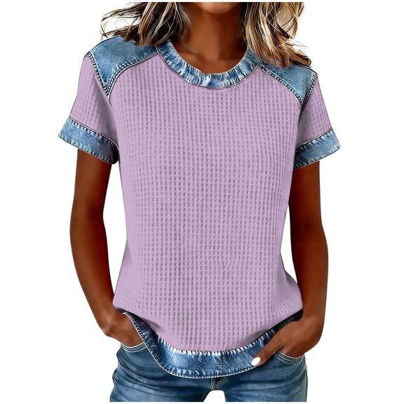 MOJOGO Women's Denim Patchwork Shirts Crewneck Short Sleeve Tops Spring Shirt Summer T Shirts Color Block Outfits 3XL