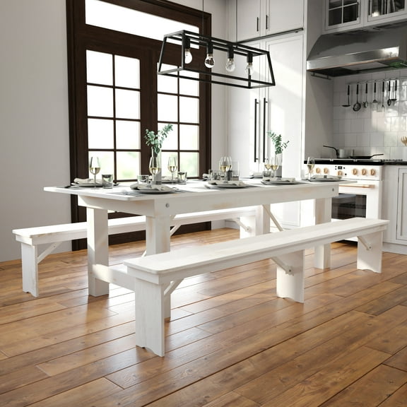 Flash Furniture HERCULES Series 8' x 40" Rectangular Antique Rustic White Solid Pine Folding Farm Table