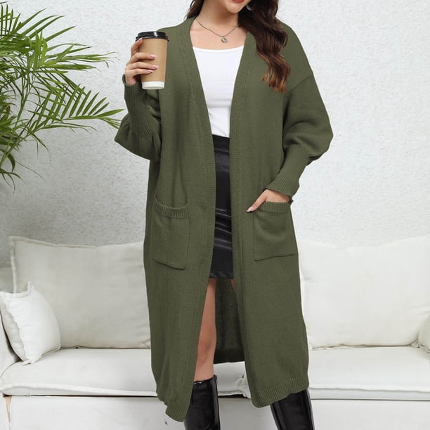 Suéter de mujer, suéter holgado de punto con doble bolsillo y mangas abullonadas, cárdigan, suéter, abrigo para mujer