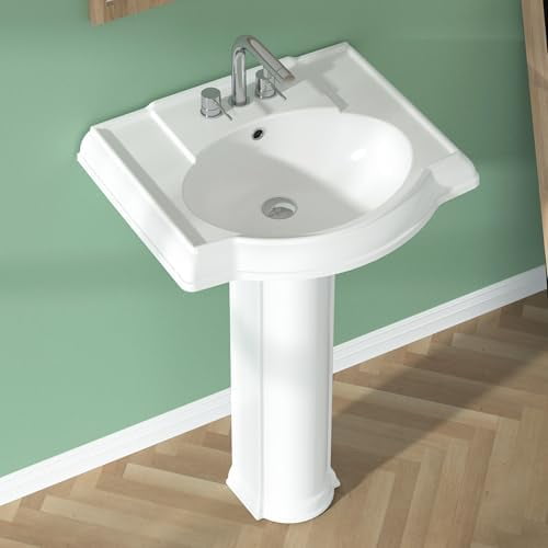 White Pedestal Sink 24 x 20 Inch - 3 Hole Classic Vintage Style Porcelain Pedestal Sink Combo for Bathroom, 23.5"Dx19.5"Wx33.5"H, w Water Blocking Edge,1 Overflow Hole & 3 Faucet Hole @ 4 Inch