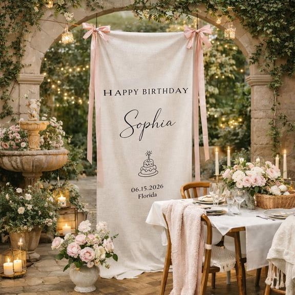 ViciArt Custom Linen Birthday Banner, Personalized Fabric Event Backdrop, Vertical Hanging Linen Sign