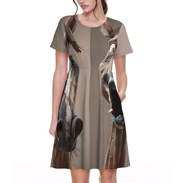Balery Funny Horse Faces Expressions Vestidos sueltos de manga corta para mujer, vestidos de verano 2025, vestidos casuales de corte A con vuelo.