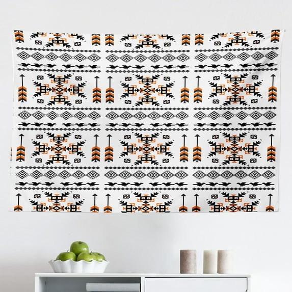 Tribal Tapestry, Pattern Composition with Birds and Arrows Geometric Design, Fabric Wall Hanging Decor for Bedroom Living Room Dorm, 2 Sizes, Orange Black White, by Ambesonne