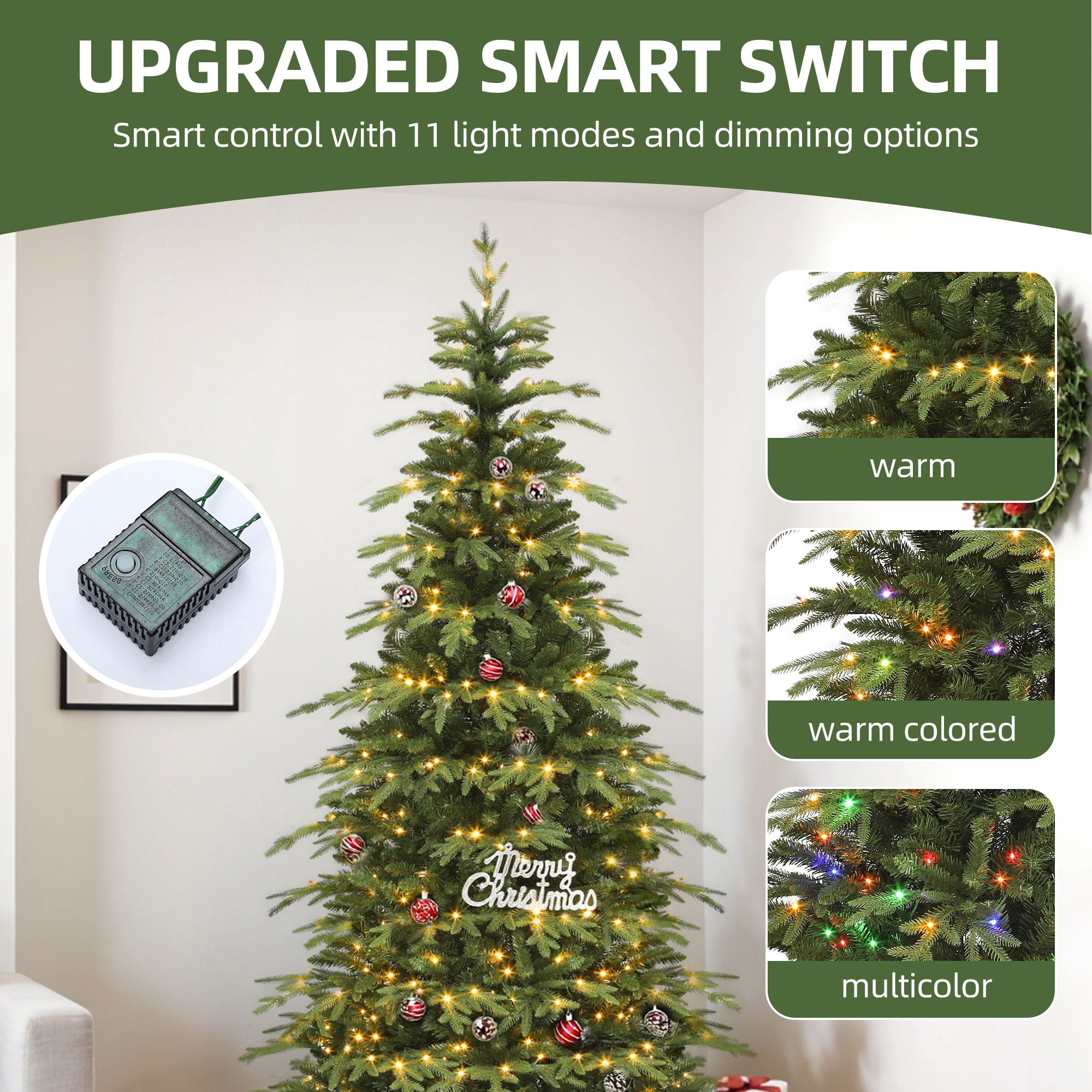 Uforic 7.5 ft Pre-lit Slim Pencil Artificial Christmas Tree with 2199 PE&PVC Tips & 400 Lights,11 Light Modes, Green