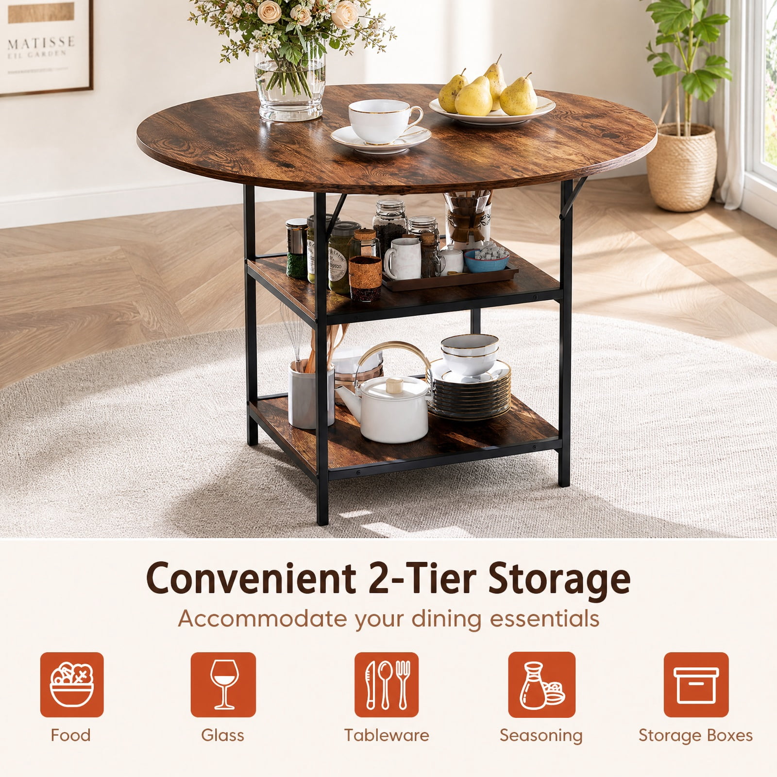 Furnibear 47 Inch Round Dining Table for 4 to 6 with 2 Tier Storage Shelves and Sturdy Metal Frame for Kitchen and Apartment, Rustic Brown
