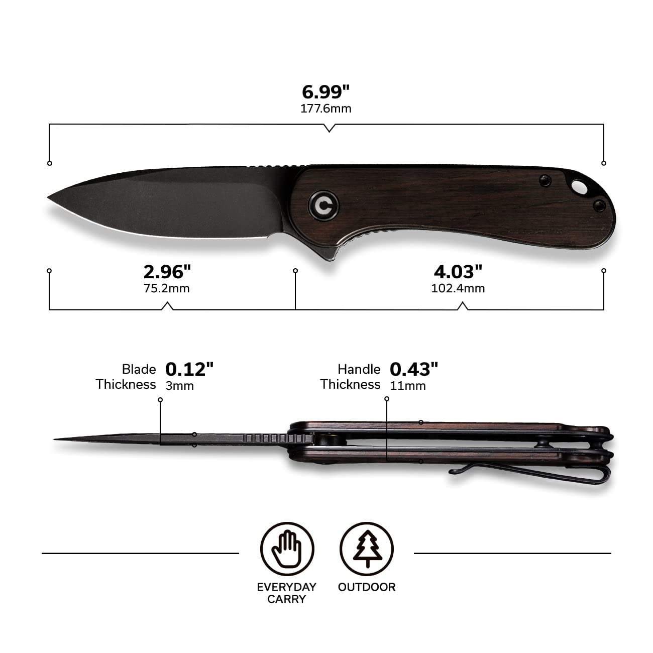 CIVIVI Elementum Pocket Folding Knife 2.96" D2 Blade C907W