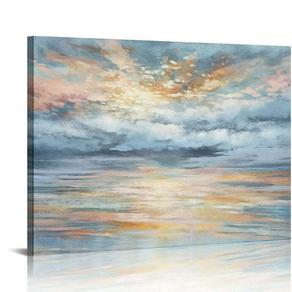 COMIO Bathroom Wall Art Abstract Canvas Art Print Framed Modern Blue Ocean Picture Small Coastal Sunset & Sunrise Artwork for Sea Lake Themed Home Bedroom Décor