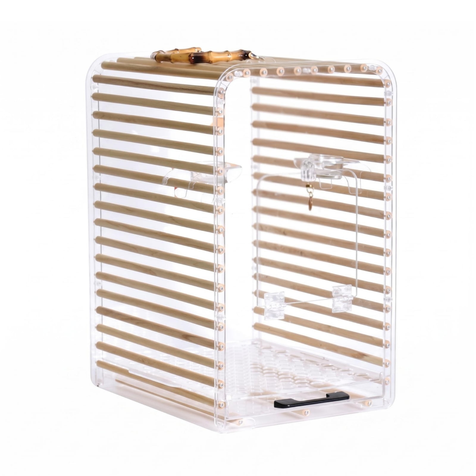 balikha 2 Pack Acrylic Bird Cage with Bamboo Handle Transparent Portable Carrier Featuring Front Door and Perch for Small Birds