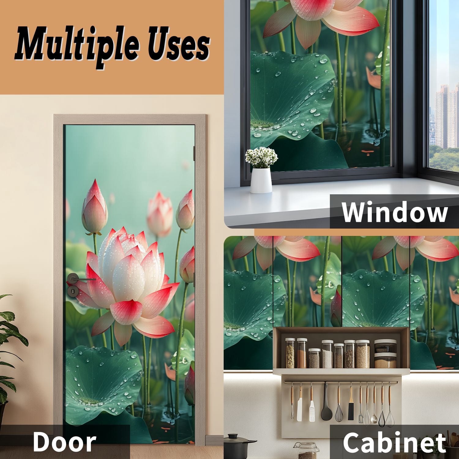 Self Adhesive Vinyl Refrigerator Wrap Set Lotus Flower Bloom Pink White Spiritual Calm Water Garden Door Mural Removable Fridge Sticker Peel and Stick&nbsp;Full Door Cover Decal Kitchen Bar Decor